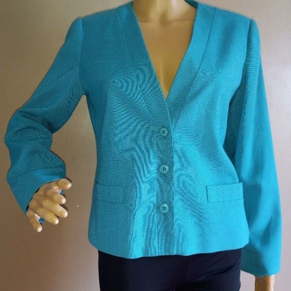 Dimension V petite 80s vtg aqua vneck blazer - Picture 1 of 7